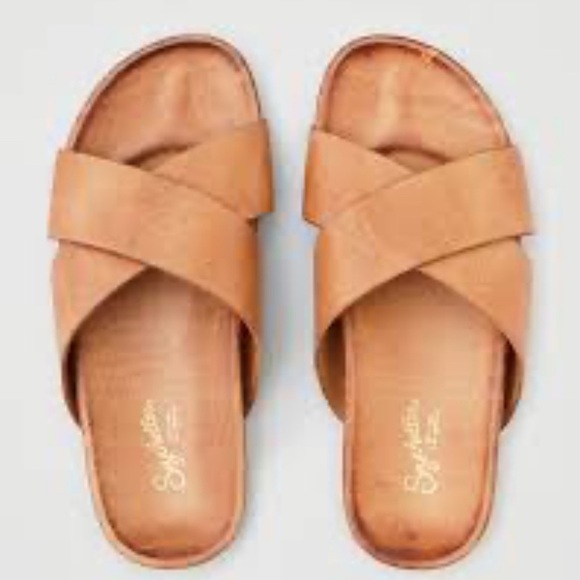 Seychelles Tan Leather Lighthearted Slide Sandals with Criss-Cross Straps - Picture 1 of 7